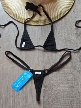 NWT Kauai Women's Black String Bikini Set - Minimal Triangle Top & Thong. One Sz